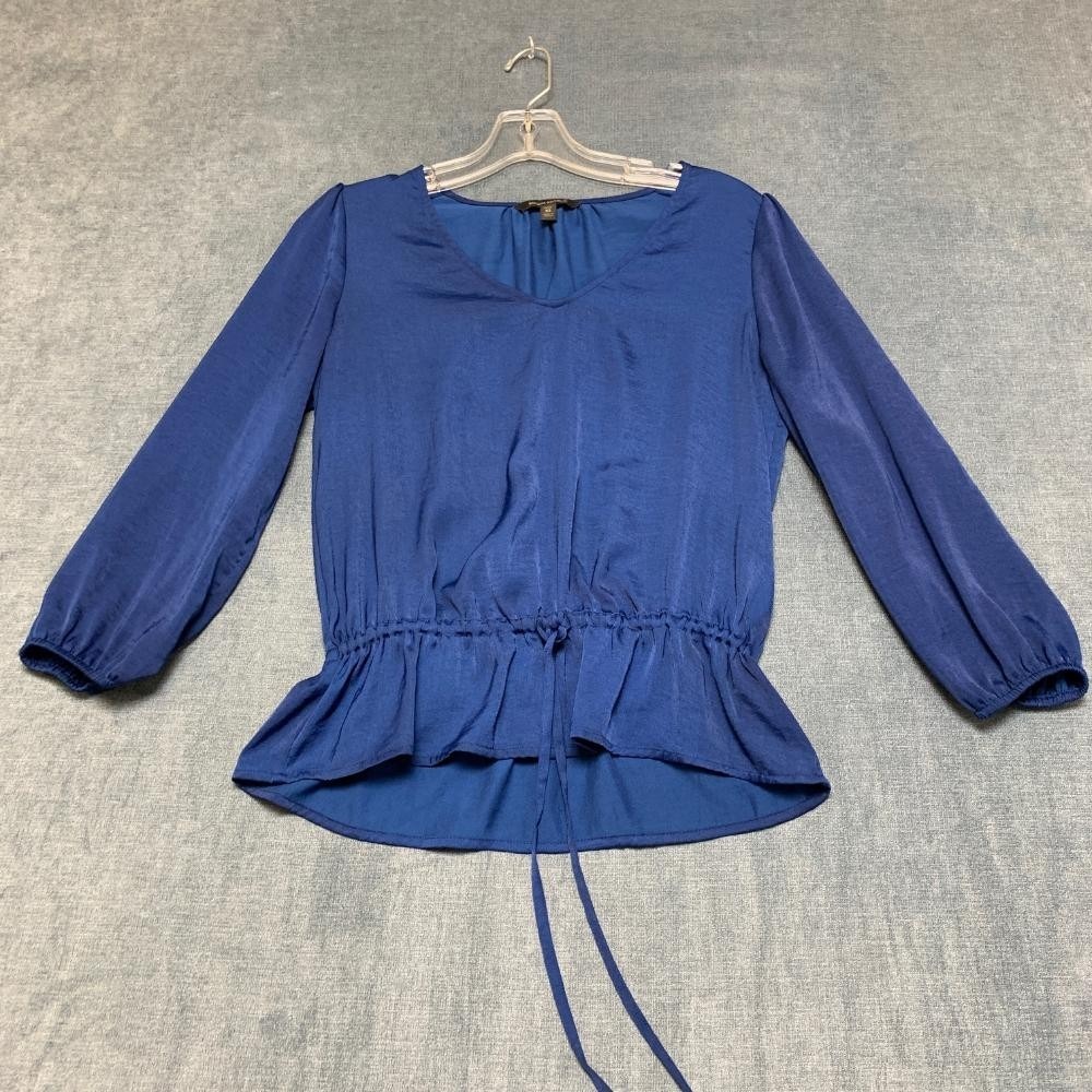 Banana Republic Peplum Top Womens XS Petite Blue V Neck Party Wear Tie Waist